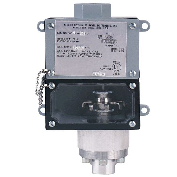 Explosion-proof pressure switch, adj. range 25-200 psig, approx. deadband fixed 10 psig.